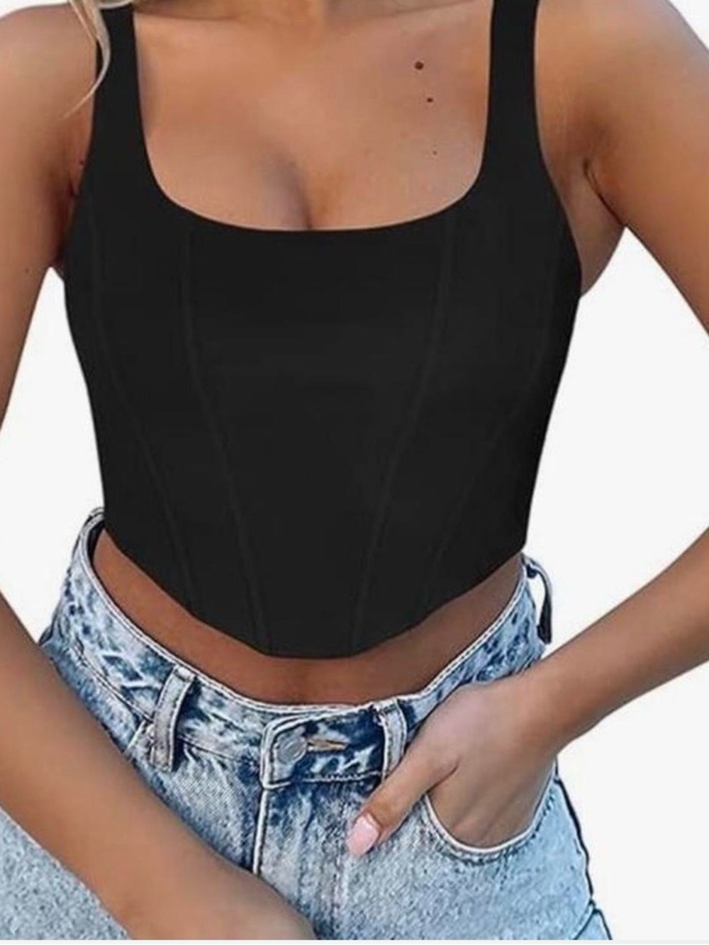 ReoRia Black Square-Neck Corset Crop Top. Size M
